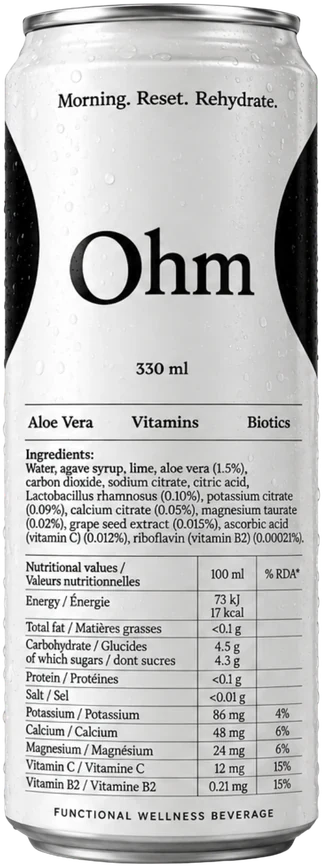 The white Ohm can, 330 ml, rising out of calm water at sunrise