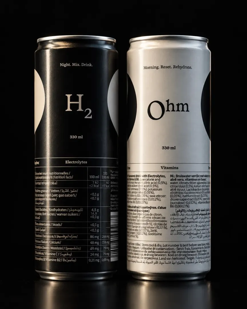 H2 and Ohm cans on black