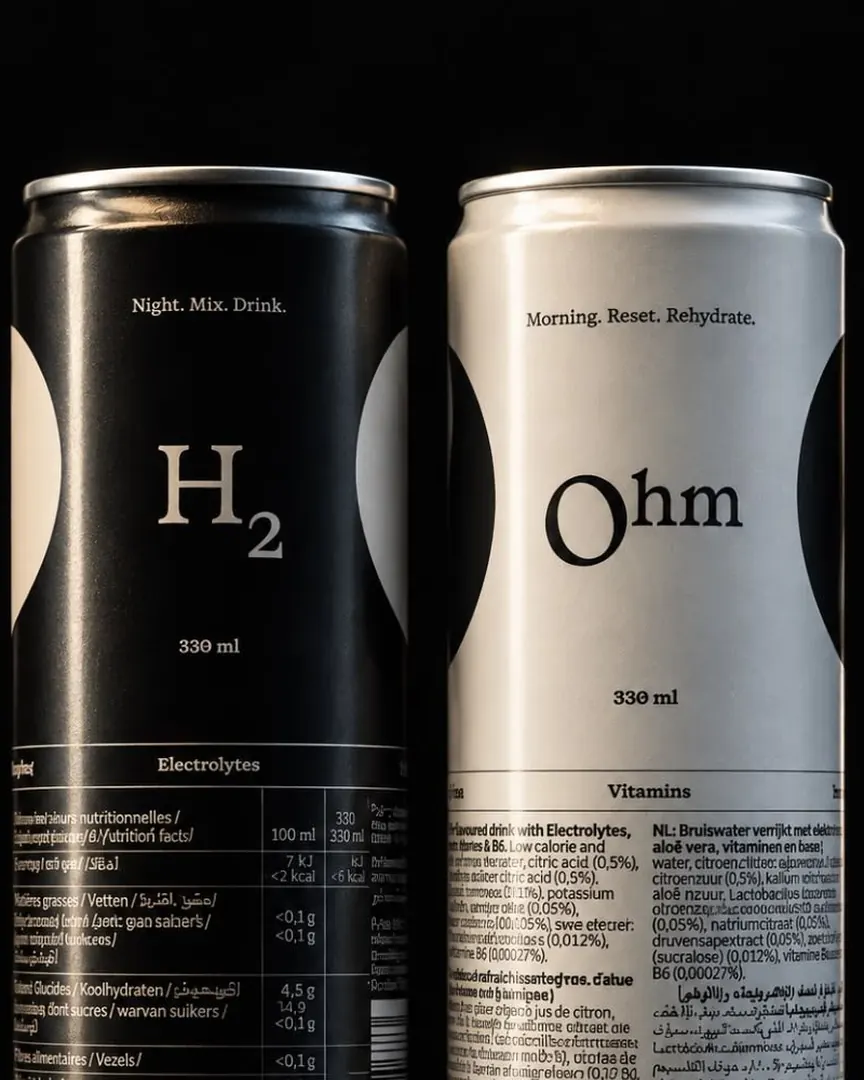 H2 and Ohm cans on black
